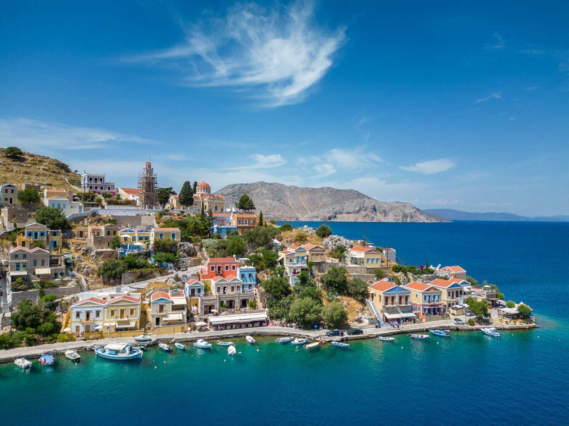 view symi symi from Kolymbia by boat