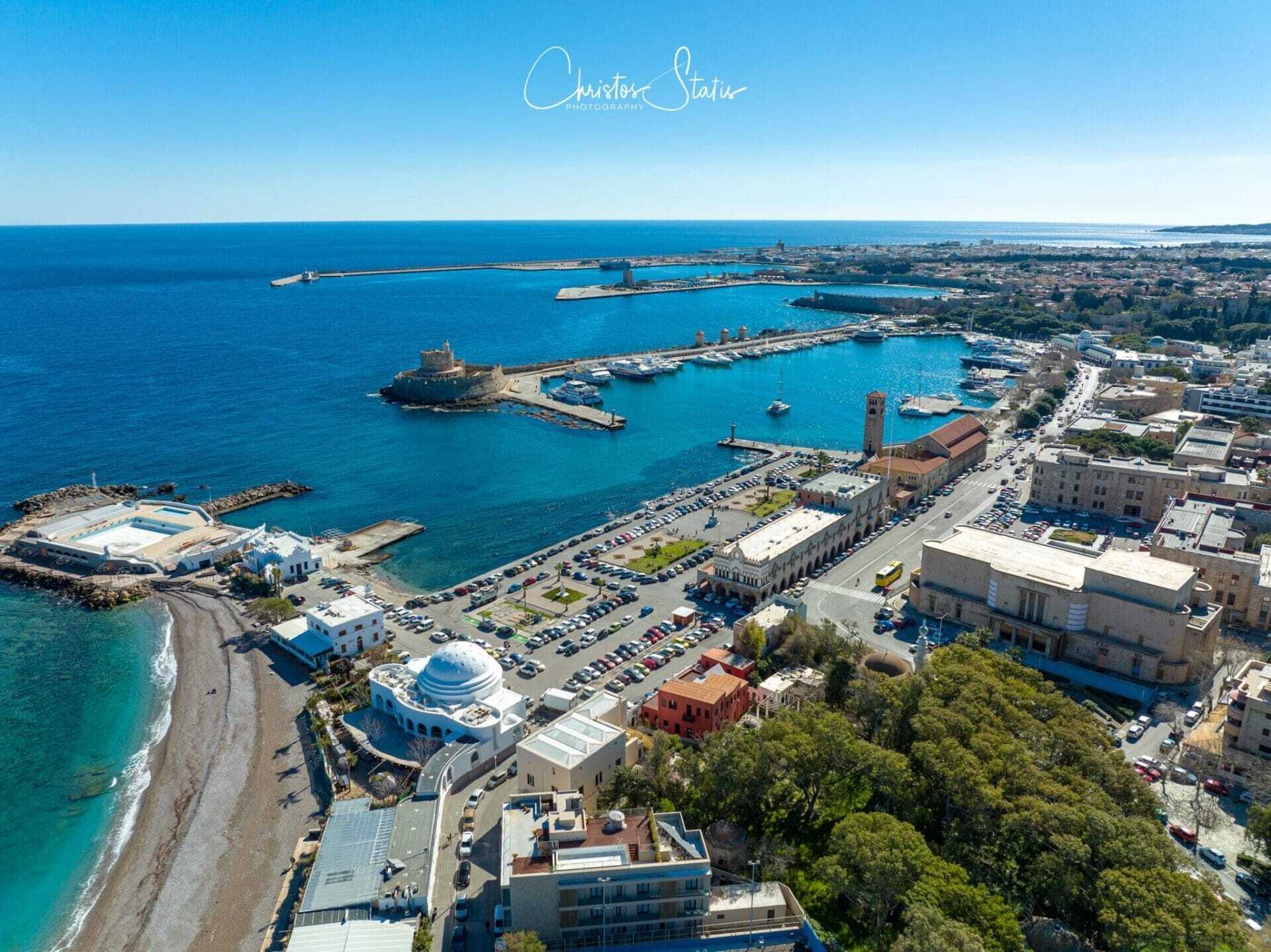 aerial old town rhodes Kolymbia sea lines